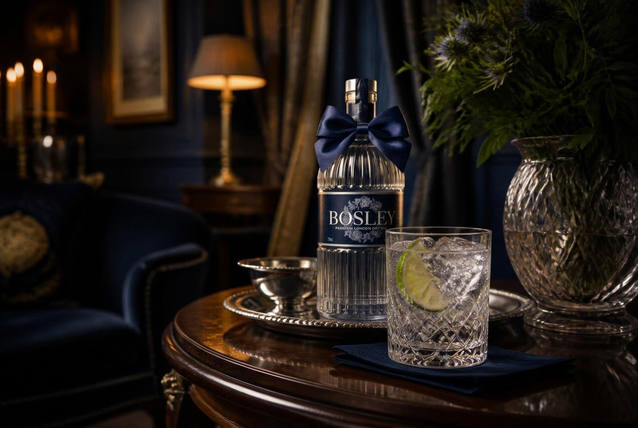 A Bosley bottle and House Serve on a silver tray in a Georgian drawing room